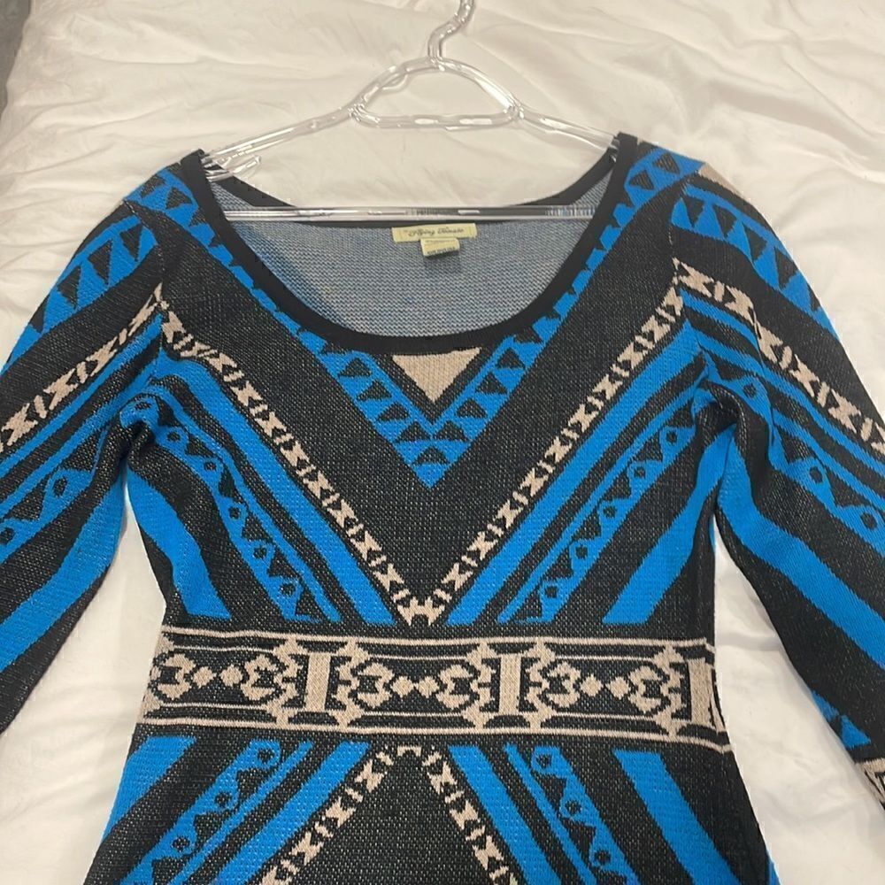 FLYING TOMATO  Blue black print knit bodycon holiday party sweater dress S - Picture 5 of 7